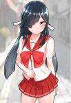  1girl black_hair blunt_bangs bow cowboy_shot furaggu_(frag_0416) hair_over_one_eye hayashimo_(kancolle) highres kantai_collection long_hair looking_at_viewer photo_background pink_shirt pleated_skirt red_bow red_eyes red_sailor_collar red_skirt sailor_collar school_uniform serafuku shirt skirt smile solo to_heart to_heart_(series) 