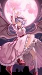  1girl absurdres bat_wings frilled_skirt frills full_moon hat hat_ribbon highres maboroshi_mochi mob_cap moon pink_shirt pink_skirt puffy_short_sleeves puffy_sleeves purple_hair red_eyes red_footwear remilia_scarlet ribbon shirt shoes short_sleeves skirt socks solo touhou white_socks wings 