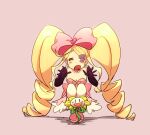  amputee armless_amputee big_hair blush bow breasts cleavage cosplay double_amputee dress drill_hair eyepatch flowey_(undertale) from_behind gyosone harime_nui huge_bow kill_la_kill kiryuuin_ragyou kiryuuin_ragyou_(cosplay) pink_bow pink_footwear prosthesis prosthetic_arm strapless strapless_dress twin_drills undertale 