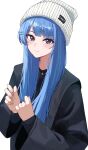  1girl absurdres alternate_costume beanie black_coat blue_eyes blue_hair blush clothes_writing coat hair_over_shoulder hands_up hat highres hololive hoshimachi_suisei light_smile long_hair looking_at_viewer simple_background solo star_(symbol) star_in_eye symbol_in_eye tagosaku_(tatsukiuma0329) upper_body virtual_youtuber white_background white_headwear 