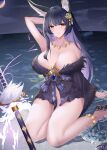  1girl absurdres animal_ear_fluff animal_ears arm_behind_head azur_lane bare_shoulders breasts cleavage fox_ears fox_girl fur_trim gem hair_ornament highres huge_breasts jewelry katana kitsune long_hair looking_at_viewer magatama magatama_necklace musashi_(azur_lane) nanoda002_(saber427) necklace night outdoors purple_gemstone sheath sheathed signature sitting skirt_under_kimono solo sword unsheathing wariza weapon yellow_eyes 