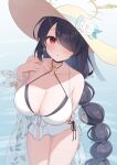  1girl bare_arms bare_legs bare_shoulders black_hair black_one-piece_swimsuit blue_archive blush braid breasts cleavage collarbone cowboy_shot hair_over_one_eye halo hat highres hinata_(blue_archive) hinata_(swimsuit)_(blue_archive) kurumi_lm large_breasts long_hair official_alternate_costume one-piece_swimsuit red_eyes single_braid solo straw_hat swimsuit very_long_hair white_one-piece_swimsuit yellow_halo 