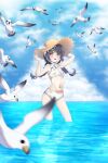  1girl adjusting_clothes adjusting_headwear aoi_ryo armpits bikini bird blue_archive blue_sky blunt_bangs blurry braid cloud cloudy_sky commentary_request depth_of_field halo hat highres horizon in_water long_hair looking_at_viewer low_twintails miyu_(blue_archive) miyu_(swimsuit)_(blue_archive) navel ocean official_alternate_costume official_alternate_hairstyle outdoors print_bikini seagull sidelocks sky stomach straw_hat swimsuit twin_braids twintails white_bikini 