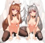  2girls animal_ears bell blunt_bangs breasts brown_hair brown_thighhighs closed_mouth collar full_body grey_hair highres holo kneeling likunea long_hair looking_at_viewer medium_breasts mother_and_daughter multiple_girls myuri_(spice_and_wolf) navel neck_bell nipples nude red_eyes smile spice_and_wolf tail thighhighs wolf_ears wolf_girl wolf_tail zoom_layer 