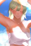  1girl armpits arms_up blonde_hair blue_sky blurry bokeh breasts closed_eyes closed_mouth collarbone colored_eyelashes day depth_of_field dungeon_meshi falin_thorden hair_behind_ear hand_on_headwear haneul_(csky) hat highres korean_commentary large_breasts midriff short_hair skindentation sky smile solo strapless straw_hat tube_top upper_body white_tube_top 