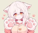  1girl :o animal_ear_fluff animal_ears animal_hands blush breasts cat_ears cat_paws clarevoir collarbone hands_up highres hood hood_down large_breasts long_hair open_mouth orange_eyes original paw_print paw_print_background pink_hood sidelocks solo white_hair yellow_background 