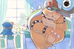  armlet bed blue_cape blue_headwear blush bowser cape clawed_feet clenched_hands collar curtains fangs geno_(mario) hand_on_own_chin hand_up highres horns looking_at_another looking_up male_focus mallow_(mario) mario_(series) on_bed oomori_rice smile spiked_armlet spiked_collar spiked_shell spikes spoken_squiggle squiggle super_mario_rpg sweatdrop tassel tree window 