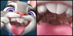 2023 3d_(artwork) absurd_res anthro bodily_fluids buckteeth close-up digital_media_(artwork) disney female fur gaping_mouth grey_body grey_fur hi_res judy_hopps lagomorph leporid mammal mouth_shot open_mouth open_smile purple_eyes rabbit saliva saliva_string shrunkengts smile solo teeth throat tongue tongue_out uvula zootopia