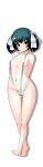  1girl absurdres alpha_transparency areola_slip arms_behind_back ass_visible_through_thighs bosshi breasts cameltoe full_body green_hair hair_ribbon highres navel orange_eyes original petite ribbon slingshot_swimsuit small_breasts smile solo swimsuit transparent_background twintails variant_set yu_(bosshi) 