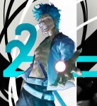  1boy abs absurdres arrancar belt black_pants bleach blue_eyes blue_eyeshadow blue_hair bone cowboy_shot cropped_jacket energy_ball eyeshadow fingernails forehead foreshortening from_side grimmjow_jaegerjaquez grin half_mask hieumay highres hollow_(bleach) hollow_mask jacket leaning_back looking_at_viewer makeup male_focus mask muscular nostrils number_background open_clothes open_hand open_jacket pants pectorals scar scar_on_chest sharp_fingernails sheath sheathed short_hair skull skull_on_head smile solo sword_hilt teeth weapon white_belt white_jacket zanpakutou 