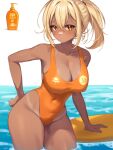  1girl absurdres blonde_hair breasts cleavage covered_navel cowboy_shot dark-skinned_female dark_skin english_commentary hair_between_eyes hand_on_own_hip highleg highleg_swimsuit highres horizon kickboard large_breasts looking_at_viewer lotion lotion_bottle ohwasuy one-piece_swimsuit orange_eyes orange_one-piece_swimsuit original parted_lips personification ponytail solo sunscreen swimsuit tan tanlines water white_background 