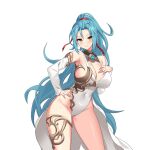  1girl aqua_hair bare_hips bare_shoulders blush breasts cape character_request cleavage copyright_request covered_navel cowboy_shot detached_sleeves hair_ribbon hand_on_own_chest hand_on_own_hip highres large_breasts leotard long_hair looking_at_viewer non-web_source ponytail red_ribbon ribbon simple_background smile solo thigh_strap thighs white_background white_cape white_leotard white_sleeves yellow_eyes 