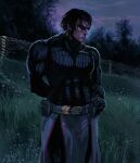  1boy abs angry belt chain-link_fence chin des_(desvitio) fence flower grass highres looking_to_the_side muscular muscular_male neck night night_sky nose on_grass original sky standing tree 