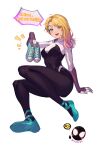  1girl absurdres artist_name blonde_hair blue_footwear bodysuit commentary_request english_text full_body gwen_stacy highres holding ling_luo_xi_yang looking_at_viewer marvel multicolored_hair pink_hair shoes simple_background skin_tight spider-gwen spider-man:_into_the_spider-verse spider-man_(miles_morales) spider-man_(series) spider-verse streaked_hair teeth two-tone_hair white_background 