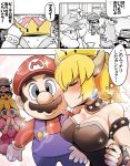  2girls 3boys armlet bare_shoulders beard black_dress black_hair blonde_hair blue_brooch blue_eyes blue_overalls blush booster bowser bowsette breasts brown_hair buttons closed_eyes cloud crown diz_(diznaoto) dress earrings elbow_gloves facial_hair fake_horns genderswap gloves goggles googly_eyes heart highres horned_headwear horns jewelry kiss kissing_cheek looking_at_another looking_at_viewer mario mario_(series) medium_breasts multiple_boys multiple_girls mustache overalls pearl_earrings pink_dress princess_peach puffy_short_sleeves puffy_sleeves red_headwear red_shirt shirt short_hair short_sleeves sparkle speech_bubble sphere_earrings spiked_armlet sunburst super_crown super_mario_rpg sweat thought_bubble white_gloves 
