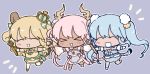  &gt;_&lt; 3girls ^_^ animal_ears animal_hands apron bell blonde_hair blue_choker blue_hair blue_skirt bow bow_choker chibi choker closed_eyes crown curly_hair detached_sleeves dragon_girl dragon_horns dragon_tail dress dress_bow english_text full_body fur-tipped_tail fur-trimmed_skirt fur_trim gloves green_bow green_choker green_headwear hair_bell hair_bow hair_ornament holding holding_staff horns jingle_bell lapithai lion_ears lion_girl lion_tail long_hair magical_girl mini_crown multiple_girls neck_bell notice_lines open_mouth original outstretched_arms pantyhose paw_gloves pink_bow pink_dress plaid plaid_skirt pom_pom_(clothes) pom_pom_hair_ornament purple_apron purple_background simple_background skirt sleeveless sleeveless_dress sleeves_past_fingers sleeves_past_wrists spread_arms staff standing standing_on_one_leg tail tiger_girl tiger_tail twintails very_long_hair waist_apron white_choker white_dress white_footwear white_gloves white_pantyhose yellow_dress 