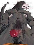 abs absurd_res balls bodily_fluids bone claws digital_drawing_(artwork) digital_media_(artwork) erection finger_claws fur genital_fluids genitals glans hi_res kogito male navel nipples penis precum scp-682 scp_foundation simple_background skull skull_head solo tail tongue tongue_out