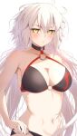  1girl ahoge bikini black_bikini blush breasts cleavage closed_mouth commentary_request fate/grand_order fate_(series) hair_between_eyes highres jeanne_d&#039;arc_alter_(fate) jeanne_d&#039;arc_alter_(swimsuit_berserker)_(fate) large_breasts long_hair looking_at_viewer navel o-ring o-ring_bikini official_alternate_costume simple_background solo stomach swimsuit umi_endu very_long_hair white_background white_hair yellow_eyes 