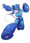  1girl absurdres animal_ears arm_cannon armor blue_bodysuit blue_hair bodysuit capcom cat_ear_helmet cat_ears commission company_connection cosplay fang felicia_(vampire) green_eyes helmet highres mega_man_(character) mega_man_(character)_(cosplay) mega_man_(classic) mega_man_(series) one_eye_closed open_mouth shoutaro_saito solo transparent_background vampire_(game) weapon 