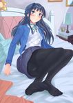  3: black_hair black_legwear blue_eyes blush commentary_request evefly_megane_p gusset highres idolmaster idolmaster_million_live! long_hair looking_at_viewer md5_mismatch mogami_shizuka no_shoes on_bed pantyhose ribbon soles solo 