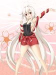 :d ahoge armpits black_shirt blush breasts chiya_(urara_meirochou) clenched_hand collarbone eyebrows_visible_through_hair fang floral_background gradient gradient_background hair_between_eyes head_tilt highres legs_apart long_hair medium_breasts open_mouth outstretched_arm red_eyes shirt sleeveless sleeveless_shirt smile solo standing urara_meirochou very_long_hair wenetora white_hair 