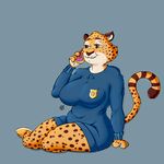  2016 anthro benjamin_clawhauser cheetah clothed clothing crossgender disney doughnut feline food fur mammal nekr0ns simple_background smile solo spots zootopia 