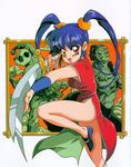  90s blue_hair character_request chinese_clothes fang highres mamono_hunter_youko mano_youko mon_mon open_mouth orange_eyes pose smile sword twintails weapon 