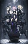  arm_support armor armored_boots artoria_pendragon_(all) black_dress black_legwear boots dark_excalibur dark_persona dress elbow_gloves fate/grand_order fate/stay_night fate_(series) field_of_blades fur-trimmed_legwear fur_trim girl_sandwich gloves high_heels highres jeanne_d'arc_(alter)_(fate) jeanne_d'arc_(fate) jeanne_d'arc_(fate)_(all) lavender_eyes lavender_hair long_hair looking_at_viewer mash_kyrielight multiple_girls navel night pale_skin planted_sword planted_weapon profile puffy_sleeves saber_alter saberiii sandwiched short_hair sitting smile smirk snow snowing sword thighhighs weapon white_hair wide_sleeves 