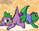  anal anal_penetration animal_genitalia balls butt clothed clothing cub digital_media_(artwork) dildo dragon duo erection friendship_is_magic male male/male my_little_pony penetration penis pokefound scalie sex sex_toy simple_background smile spike_(mlp) tongue young 
