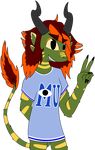  2017 amavect anthro brown_hair claws clothing disney eyebrows fan_character fur green_fur grey_background hair highlights horn invalid_tag loka_iscennah monster monsters_inc monsters_university orange_highlights outline pixar shirt simple_background smile solo striped_fur stripes tail_tuft tuft yellow_fur yoako 