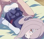  1girl ass blush boy_on_top brown_hair censored clothed_sex commentary_request futon hair_over_one_eye hetero little_witch_academia long_hair long_sleeves luna_nova_school_uniform lying mosaic_censoring on_stomach open_mouth pale_skin penis prone_bone red_eyes sex solo_focus sucy_manbavaran thighhighs tomu_(tomubobu) top-down_bottom-up vaginal wooden_floor 