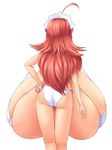  ahoge anatomical_nonsense ass backboob bad_anatomy bad_proportions bikini breasts commentary from_behind futaba_channel gigantic_breasts hand_on_hip highres higuma kyoui_(nijiura_maids) long_hair maid_headdress nijiura_maids red_hair side-tie_bikini skindentation solo strap_gap swimsuit white_background white_bikini 