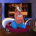  anthro bed big_breasts breasts camel_toe clothed clothing dragon female horn kneeling looking_at_viewer obese overweight solo tongue tongue_out underscore_b 