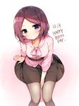  bad_id bad_pixiv_id bangs belt between_legs black_legwear black_shirt blouse blush breasts closed_mouth collarbone english eyebrows_visible_through_hair from_above hand_between_legs happy_birthday head_tilt heart looking_at_viewer looking_up medium_breasts new_game! number pantyhose parted_bangs pink_shirt purple_eyes purple_hair shinoba shirt sitting smile solo tooyama_rin white_background 