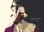  akinashi_yuu back-to-back black_hair blonde_hair cape character_name copyright_name crown dual_persona earrings ereshkigal_(fate/grand_order) fate/grand_order fate_(series) highres hoop_earrings ishtar_(fate/grand_order) jewelry long_hair long_legs multiple_girls red_eyes two-tone_background two_side_up 