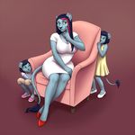  anthro black_hair blue_fur bodyxcount chair clothed clothing dress feline female footwear fur green_eyes hair hiding high_heels kids lion mammal offspring red_hair red_shoes shoes simple_background sitting 