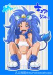  ;d animal_ears blue_choker blue_eyes blue_gloves blue_hair breasts choker cleavage cure_gelato earrings extra_ears fangs gloves highres jewelry kirakira_precure_a_la_mode lion_ears lion_tail long_hair looking_at_viewer murakami_shuugo navel one_eye_closed open_mouth precure small_breasts smile solo squatting tail tategami_aoi twitter_username 
