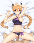  1girl 9dw alisa_southerncross animal_ears armpits arms_up ass_visible_through_thighs bikini bikini_aside blush breasts cat_ears frilled_bikini frills hetero highres keroro_gunsou looking_at_viewer low_twintails medium_breasts missionary navel nipples one_breast_out orange_hair penis purple_eyes pussy sex solo_focus swimsuit twintails uncensored vaginal 