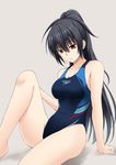  arm_support black_hair blue_swimsuit borrowed_character breasts competition_swimsuit covered_navel eyebrows_visible_through_hair fuuma_nagi grey_background long_hair looking_at_viewer medium_breasts one-piece_swimsuit original ponytail red_eyes sitting smile solo speedo_(company) swimsuit 
