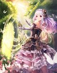 bare_shoulders bug butterfly chain dress elbow_gloves flower frills gloves hair_ornament highres insect lolita_fashion long_hair long_skirt looking_at_viewer looking_back lunacle original outdoors purple_eyes purple_hair skirt solo standing sunlight watch white_gloves 