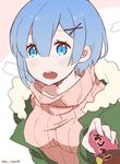  absurdres bad_id bad_twitter_id bangs blue_eyes blue_hair breasts can coat collarbone fingernails green_coat green_jacket hair_between_eyes hair_ornament highres holding jacket looking_at_viewer medium_breasts open_mouth parted_bangs pink_sweater re:zero_kara_hajimeru_isekai_seikatsu rem_(re:zero) short_hair simple_background solo sweater white_background 