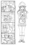  4koma ^_^ aki_(girls_und_panzer) alternate_costume anger_vein angry bangs bbb_(friskuser) blank_eyes blunt_bangs closed_eyes coco's comic commentary_request fleeing girls_und_panzer greyscale hair_between_eyes hand_on_own_chest hands_on_own_cheeks hands_on_own_face hands_on_own_stomach hands_together hat highres jacket keizoku_military_uniform keizoku_school_uniform long_hair looking_at_viewer low_twintails mary_janes md5_mismatch mika_(girls_und_panzer) mikko_(girls_und_panzer) military military_uniform monochrome multiple_girls open_mouth school_uniform sharp_teeth shoes short_twintails sidelocks smile sweatdrop sweater teeth track_jacket translation_request tray twintails uniform waitress 