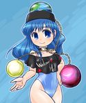  bare_shoulders blue_eyes blue_hair blush commentary_request crop_top hand_on_hip hecatia_lapislazuli highleg highleg_swimsuit hips long_hair off_shoulder one-piece_swimsuit polos_crown smile solo swimsuit touhou wavy_hair winn 