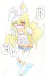  ;o absurdres animal_ears bangs bare_legs barikiosu belt bespectacled blonde_hair blush casual clothes_writing collarbone colored_pencil_(medium) commentary denim denim_shorts english eyebrows_visible_through_hair fang flat_cap flip-flops fox_ears fox_tail full_body glasses hair_between_eyes hand_on_own_head hat highres long_hair looking_at_viewer midriff multiple_tails navel one_eye_closed orange_eyes original red-framed_eyewear sandals semi-rimless_eyewear shadow short_shorts short_sleeves shorts sketch solo standing standing_on_one_leg sweat tail tareme thick_eyebrows traditional_media translated two_tails typo under-rim_eyewear wince 