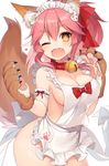  animal_ear_fluff animal_ears apron arm_garter bell bell_collar blush breasts cleavage collar fang fate/grand_order fate_(series) fox_ears fox_tail gloves hair_ribbon large_breasts long_hair looking_at_viewer maid_headdress muryotaro naked_apron one_eye_closed open_mouth paw_gloves paws pink_hair ponytail ribbon simple_background smile solo tail tamamo_(fate)_(all) tamamo_cat_(fate) yellow_eyes 