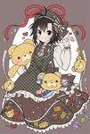  72producer antenna_hair black_eyes black_hair buttons dress hat idolmaster idolmaster_(classic) kikuchi_makoto long_sleeves looking_at_viewer needle plaid plaid_dress ribbon scissors sewing_needle short_hair solo stuffed_animal stuffed_toy tape_measure teddy_bear 