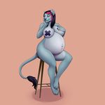  anthro barefoot belly big_belly blue_fur bodyxcount bottomless breasts clothed clothing eyes_closed feline female fur hair hand_on_breast hand_on_cheek lion mammal navel nude pasties pregnant red_hair simple_background sitting smile solo stool tape toes topless 