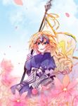  1girl armor blonde_hair blue_eyes blush braid breasts dress fate/apocrypha fate_(series) flower gauntlets headgear long_hair open_mouth ruler_(fate/apocrypha) 