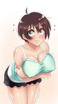  aqua_eyes blush breast_hold breasts brown_hair cleavage embarrassed large_breasts new_game! shinoda_hajime short_hair solo trembling twrlare 