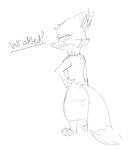  anthro canine clothed clothing dialogue dipstick_ears dipstick_tail disney dress female fox fur hand_on_hip jewelry mammal monochrome mrs_wilde multicolored_tail necklace simple_background solo text visiti white_background zootopia 